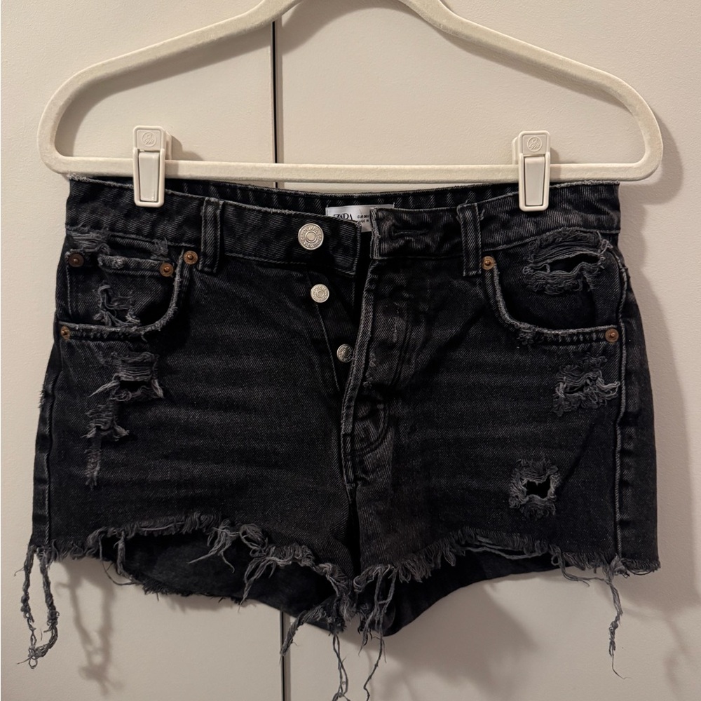 Zara Black Ripped Jean Shorts